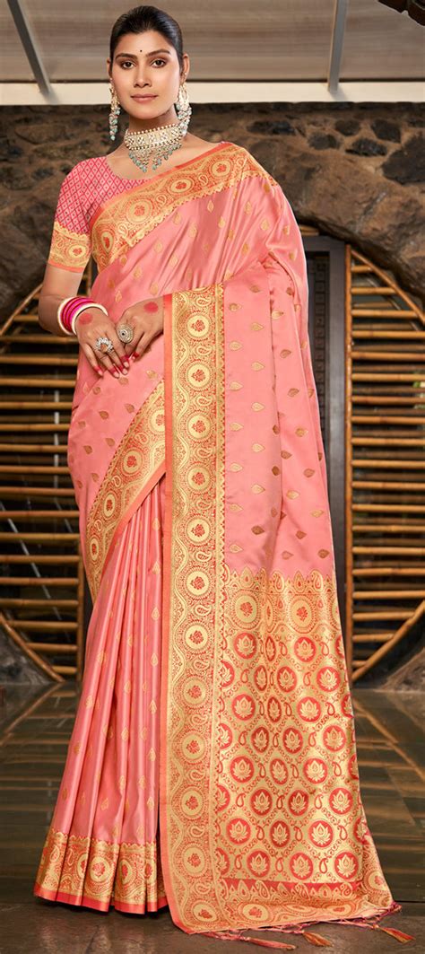 Engagement Festive Traditional Pink And Majenta Color Satin Silk