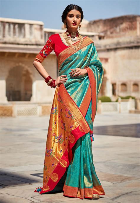 Silk Saree With Blouse In Sea Green Colour 1461