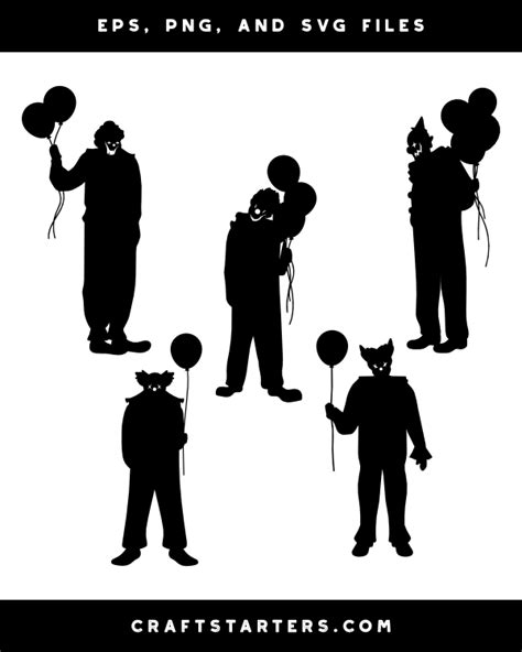 Scary Clown with Balloon Silhouette Clip Art