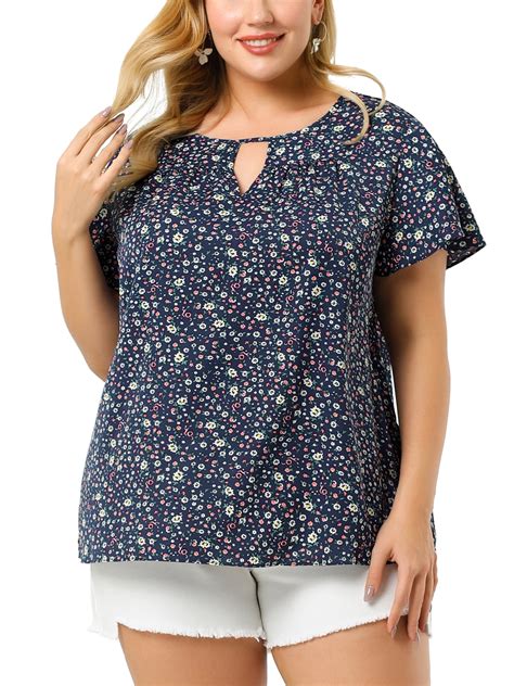 Agnes Orinda Womens Plus Size Shirts Chiffon Tops Keyhole Flared Short