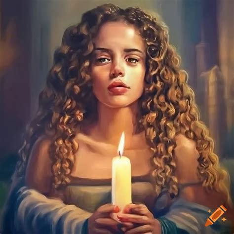 Realistic Oil Painting Of A Young Woman With Long Curly Hair In A