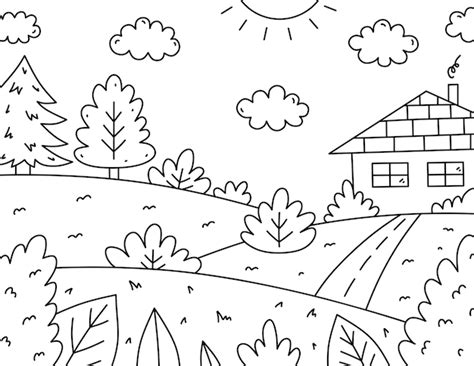 A Black And White Drawing Of A House On A Hill With Trees In The Background