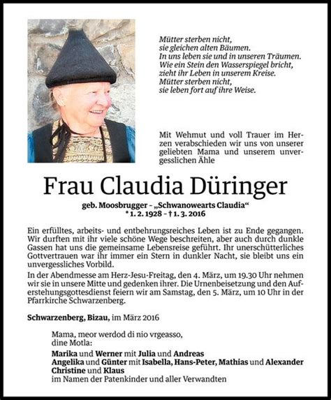 Todesanzeigen von Claudia Düringer Todesanzeigen Vorarlberger Nachrichten