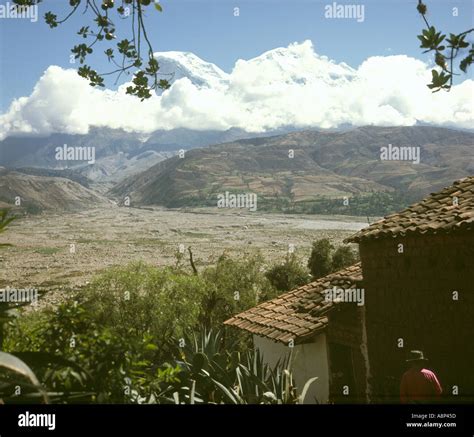 Mount Huascaran Andes Peru across valley of Ranrahirca where avalanches ...