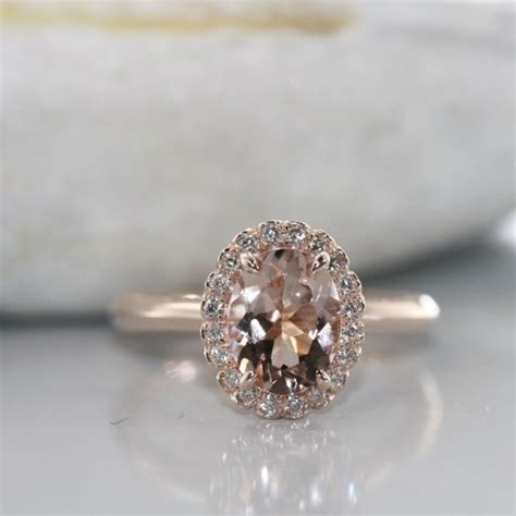 9x7 Mm Oval Morganite In 14k Rose Gold Diamond Halo Morganite Etsy