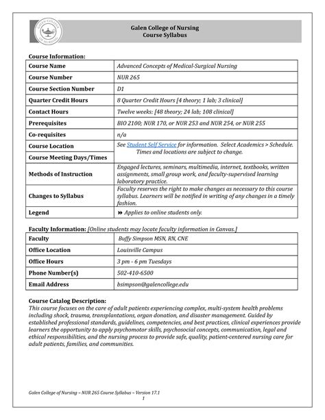 NUR 265 Syllabus Version 17 1 Simpson B 01D01 05D01 July 2022 Galen