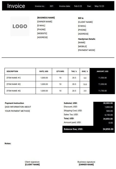 Free Handyman Invoice Templates Word Excel Pdf