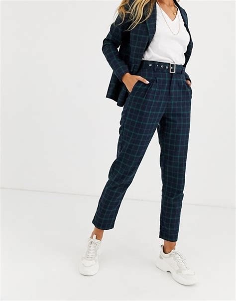 Heartbreak Belted Tailored Pants In Navy And Green Check Asos Navy