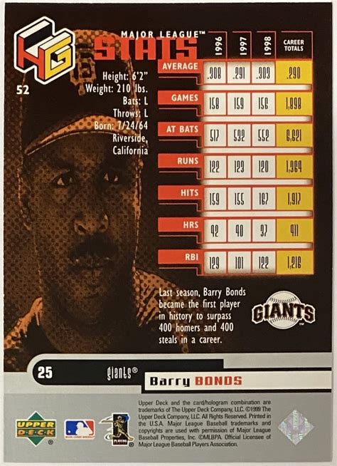 Barry Bonds 1999 Upper Deck San Francisco Giants Baseball HoloGrFX Card