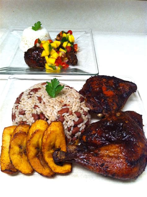 Caribbean Food Chicken Rice And Peas Fried Plantains Rice And Peas Jamaican Jerk Chicken