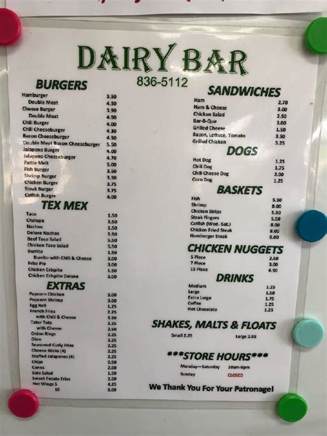 Menu at Dairy Bar, Brenham, S Chappell Hill St