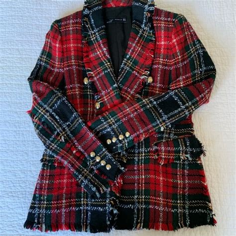 Zara Jackets And Coats Zara Woman Red Tartan Double Breasted Blazer Plaid Medium Poshmark