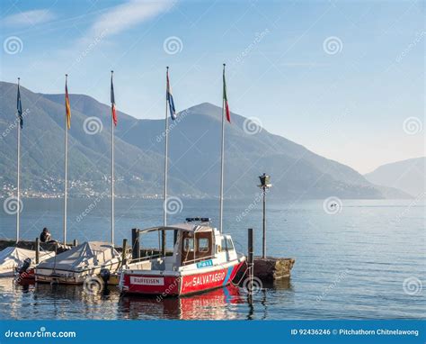 Yacht In Bay In Lake Locarno Switzerland Editorial Photo Image Of