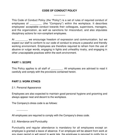 Employee Code Of Conduct Policy Free Template