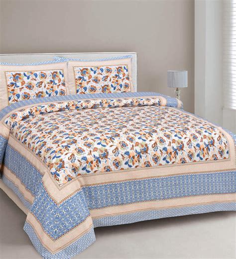 Buy Blue Floral 210 Tc Cotton King Sized Bedsheet With 2 Pillow Covers