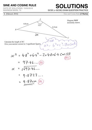 Gcse 9 1 Exam Question Practice Sine And Cosine Rule Teaching Resources