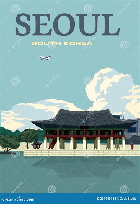 Seoul Travel Poster With Joseon Dynasty Palace Illustration Stock