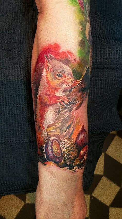 Realistic Color Tattoo Of A Squirrel With Acorns And Chestnuts By Nino