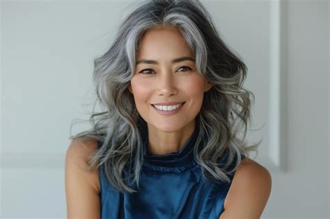 Graphic Depicting Portrait Of Smiling Asian Woman With Gray Hair In