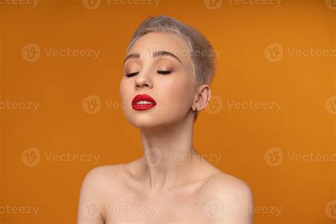 Fashion Portrait Woman With Short Hair Red Lips And Naked Shoulders