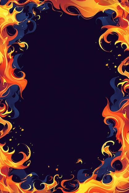 Fire Cartoon Frame On Dark Background Burning Flame In Darkness With