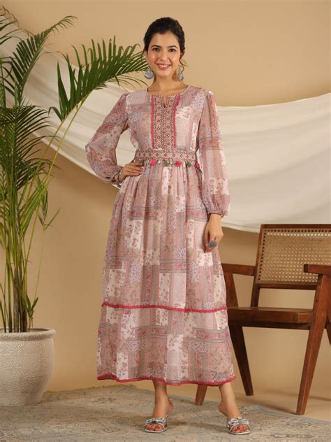 Buy Juniper Ethnic Motifs Printed Embroidered Balloon Sleeves Chiffon