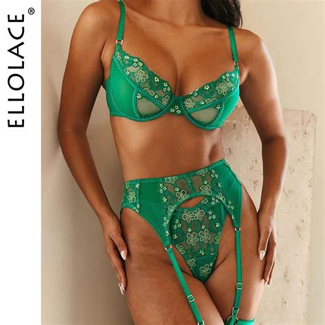 Ellolace Set Woman 3 Pieces Sexy Love Lingerie Fancy Embroidery