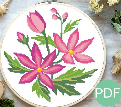 Pink Flowers Cross Stitch Pattern For Embroidery Flowers Etsy