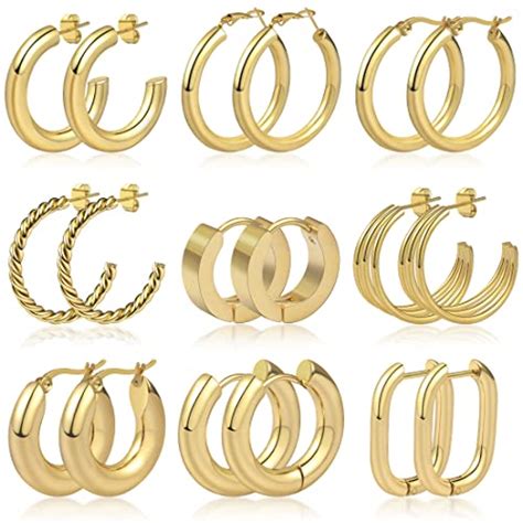 Homotor Gold Hoop Earrings Set For Women 9 Pairs 18k Gold Plated Thick