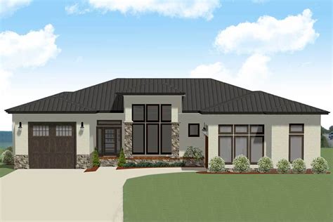 One-Story Contemporary Prairie-Style House Plan for a Rear-Sloping Lot ...