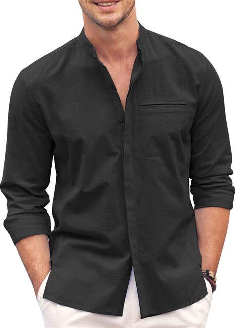 Coofandy Mens Cotton Linen Shirt Long Sleeve Button Down Shirt Band