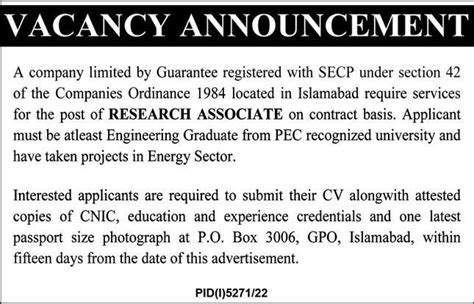 P O Box No 3006 GPO Islamabad Jobs 2023 Research Associate 2024 Job