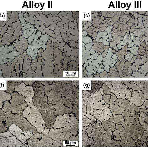 Optical Micrographs Of The A And E Alloy I B And F Alloy II