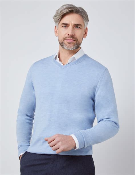 Mens Light Blue V Neck Merino Wool Jumper Slim Fit Hawes And Curtis