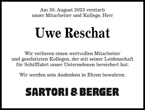 Traueranzeigen Von Uwe Reschat Trauer Anzeigen De