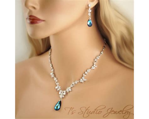 Bridal Cz Cubic Zirconia And Blue Crystal Wedding Necklace And Etsy