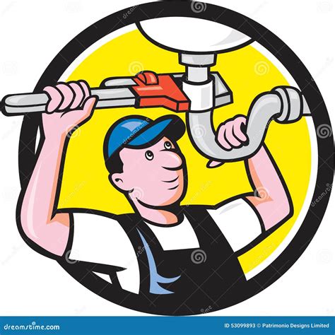 Plumber Repair Sink Pipe Wrench Circle Cartoon Stock Illustration