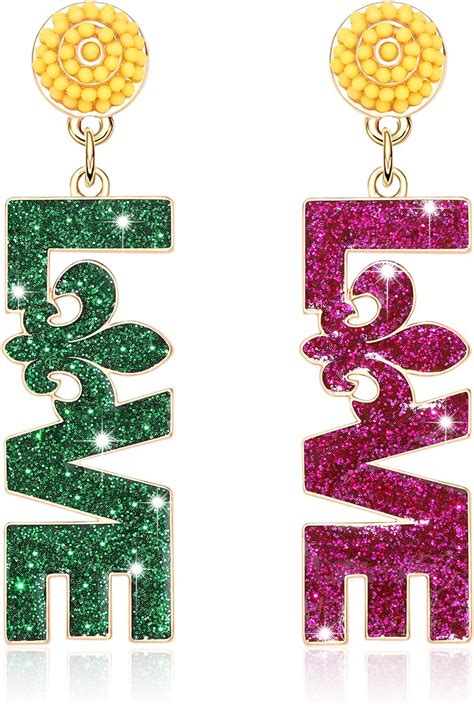 Mardi Gras Love Earrings Purple Green Gold Earring For