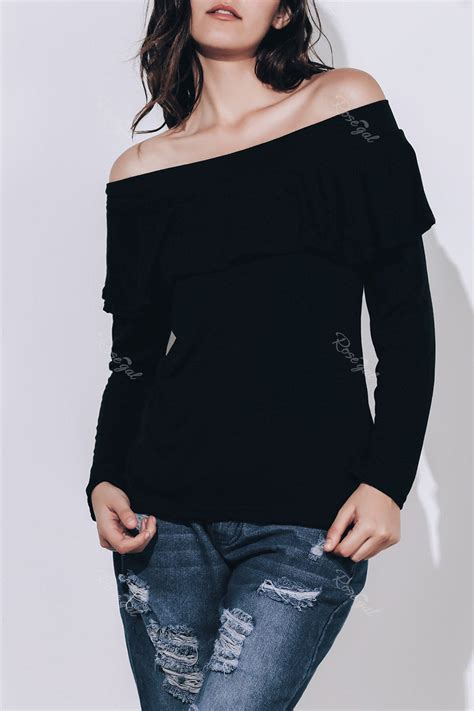 2018 Charming OFF The Shoulder Long Sleeve Black Flounced Women S T