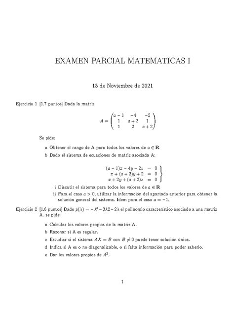 Ejemplo Examen Mates Examen Parcial Matematicas I De