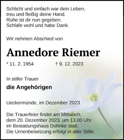 Traueranzeigen Von Annedore Riemer Trauer Nordkurier