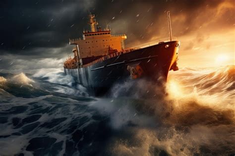 Navio através de uma forte tempestade no oceano ondas altas vento forte