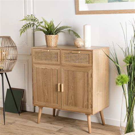 ROMEO Buffet Couleur Naturelle 2 Tiroirs 2 Portes Bois Cannage