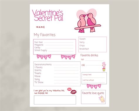 Valentine S Day Secret Pal Questionnaire Printable Valentines Day Secret Pal Survey My Favorite