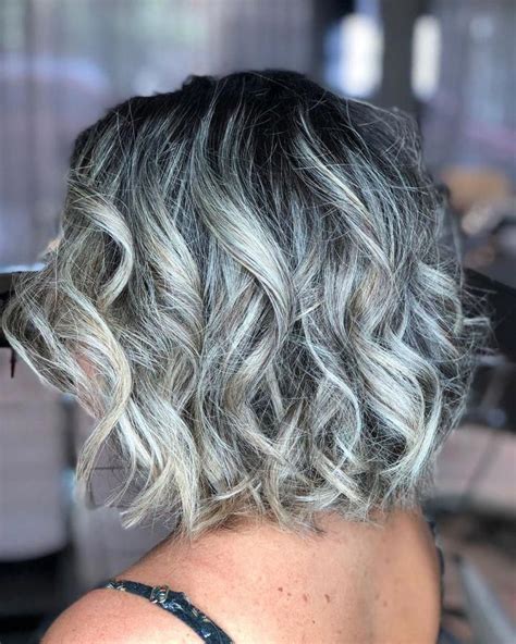 Messy Curly Gray Balayage Bob Whiteombrehair Gray Hair Highlights Gray Balayage Grey Highlights