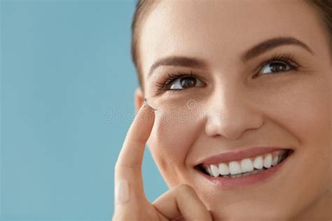 Contact Eye Lens Smiling Woman Applying Eye Contacts Closeup Stock