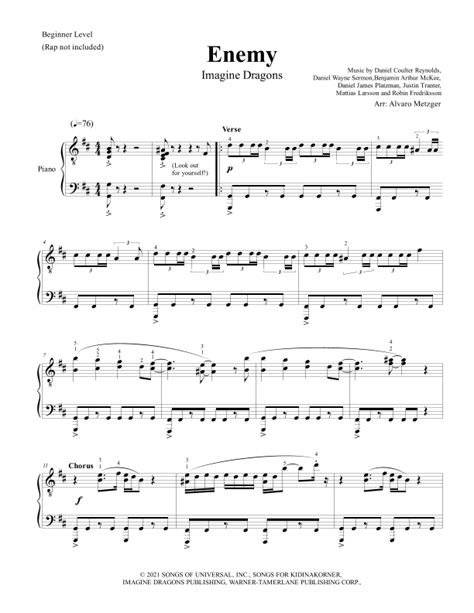 Enemy Arr Alvaro Metzger By Imagine Dragons X Jid Sheet Music For Easy Piano At Sheet Music