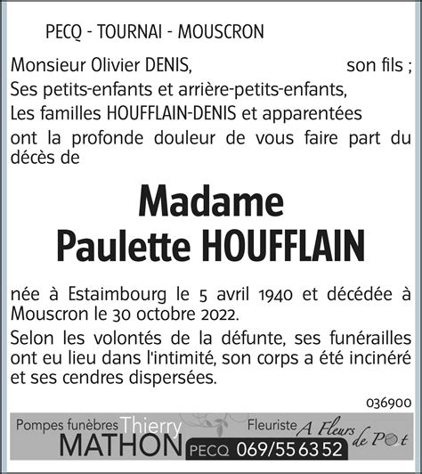 Paulette HOUFFLAIN 30 10 2022 Avis nécrologique lavenir net