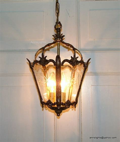 Vintage Hanging Ceiling Light Antique Brass Lantern Pendant 5 Glass Panels Etched Star Design