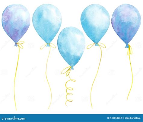 Watercolor Set With Blue Balloons On White Background Stock Photo